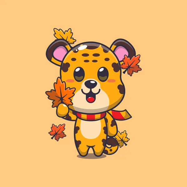 Cute Leopard Holding Autumn Leaf Mascot Cartoon Vector Illustration Suitable — Stock Vector