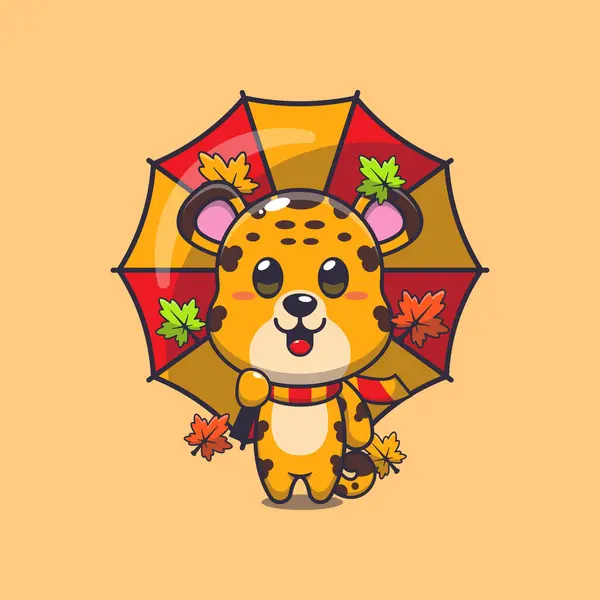 秋天的时候带着雨伞的可爱的豹子 适用于海报 小册子 吉祥物 标志和图标的吉祥物卡介图 图库插图