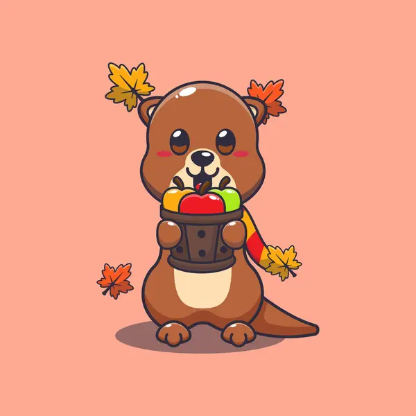Cute Otter Holding Apple Wood Bucket Mascot Cartoon Vector Illustration — Stock Vector