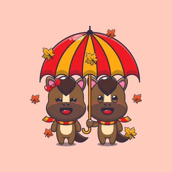 秋天的时候 可爱的马和伞搭配在一起 适用于海报 小册子 吉祥物 标志和图标的吉祥物卡介图 免版税图库插图