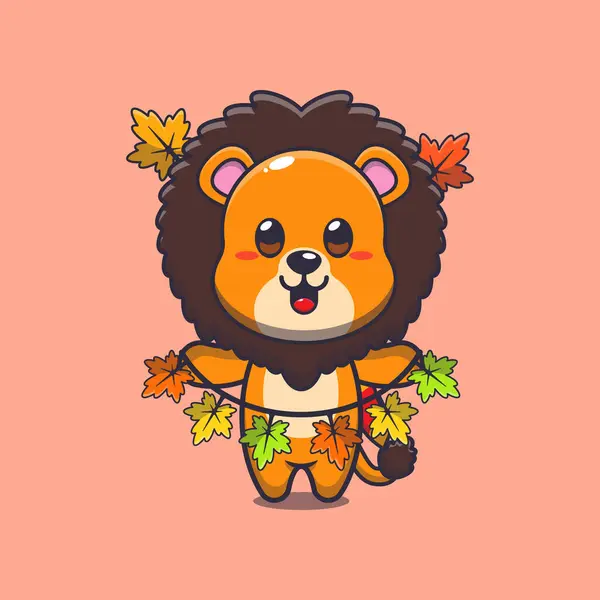 可爱的狮子与秋天的叶子装饰 适用于海报 小册子 吉祥物 标志和图标的吉祥物卡介图 图库矢量图片