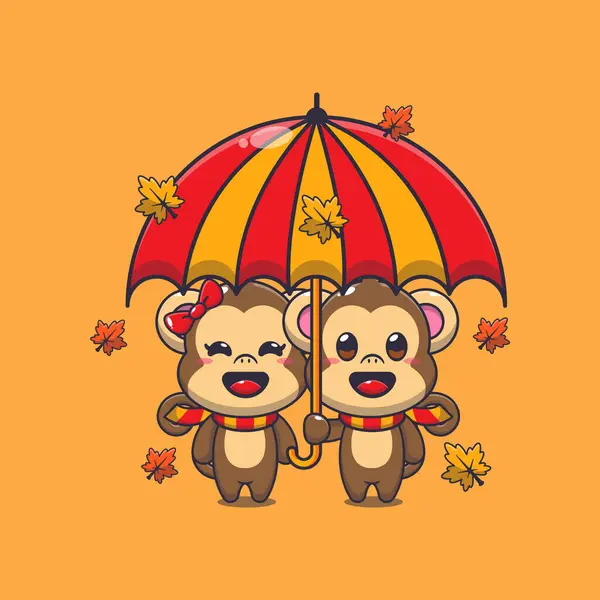 秋天的时候 可爱的猴子带着雨伞 适用于海报 小册子 吉祥物 标志和图标的吉祥物卡介图 图库插图