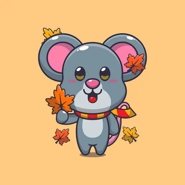 可爱的老鼠抱着秋天的叶子 适用于海报 小册子 吉祥物 标志和图标的吉祥物卡介图 矢量图形