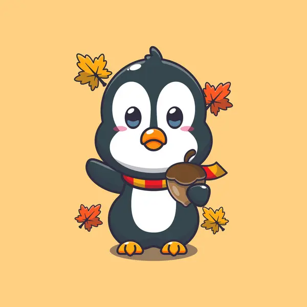 秋天的时候 用橡子装饰可爱的企鹅 适用于海报 小册子 吉祥物 标志和图标的吉祥物卡介图 免版税图库矢量图片