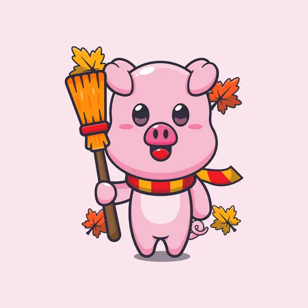 可爱的秋猪拿着扫帚 适用于海报 小册子 吉祥物 标志和图标的吉祥物卡介图 免版税图库插图