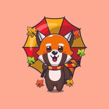 Sonbahar mevsiminde şemsiyeli şirin kırmızı panda. Maskot karikatür çizimi poster, broşür, ağ, maskot, etiket, logo ve simge için uygundur.