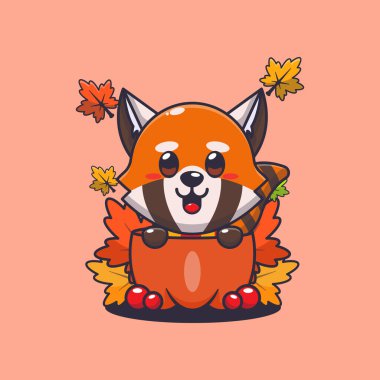 Sonbahar mevsiminde balkabağında tatlı kırmızı panda. Maskot karikatür çizimi poster, broşür, ağ, maskot, etiket, logo ve simge için uygundur.