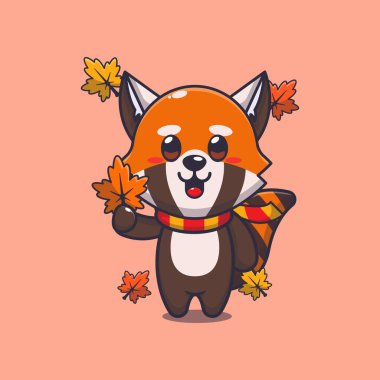 Sonbahar yaprağını tutan sevimli kırmızı panda. Maskot karikatür çizimi poster, broşür, ağ, maskot, etiket, logo ve simge için uygundur.