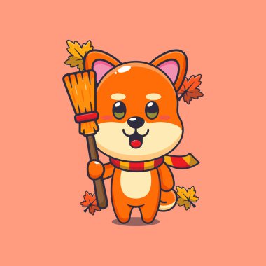 Elinde süpürge tutan şirin bir sonbahar şiba inu 'su. Maskot karikatür çizimi poster, broşür, ağ, maskot, etiket, logo ve simge için uygundur.