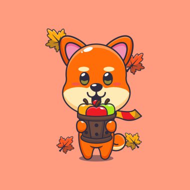 Tahta kovada elma tutan şirin Shiba Inu. Maskot karikatür çizimi poster, broşür, ağ, maskot, etiket, logo ve simge için uygundur.