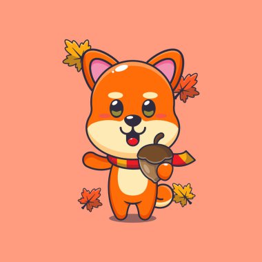 Sonbahar mevsiminde meşe palamudu olan şirin Shiba inu. Maskot karikatür çizimi poster, broşür, ağ, maskot, etiket, logo ve simge için uygundur.