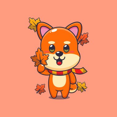 Sonbahar yaprağı tutan şirin Shiba Inu. Maskot karikatür çizimi poster, broşür, ağ, maskot, etiket, logo ve simge için uygundur.
