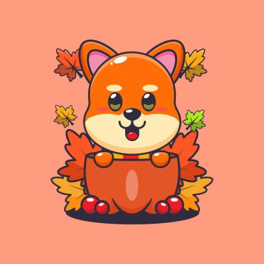 Sonbahar mevsiminde balkabağı içinde şirin şiba inu. Maskot karikatür çizimi poster, broşür, ağ, maskot, etiket, logo ve simge için uygundur.