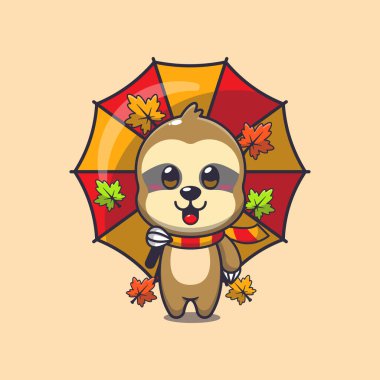 Cute sloth with umbrella at autumn season. Mascot cartoon vector illustration suitable for poster, brochure, web, mascot, sticker, logo and icon. clipart
