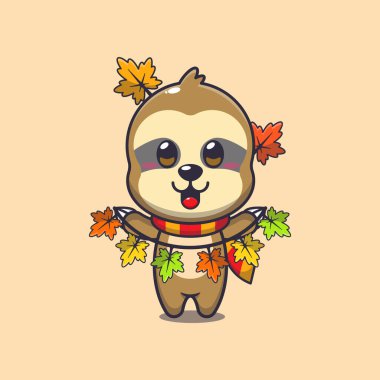 Cute sloth with autumn leaf decoration. Mascot cartoon vector illustration suitable for poster, brochure, web, mascot, sticker, logo and icon. clipart
