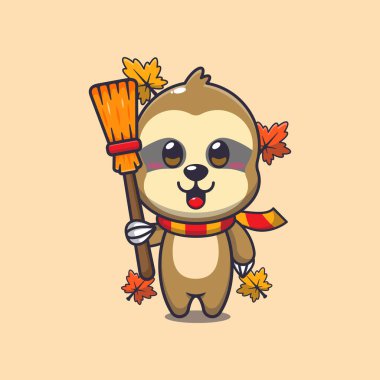 Cute autumn sloth holding broom. Mascot cartoon vector illustration suitable for poster, brochure, web, mascot, sticker, logo and icon. clipart