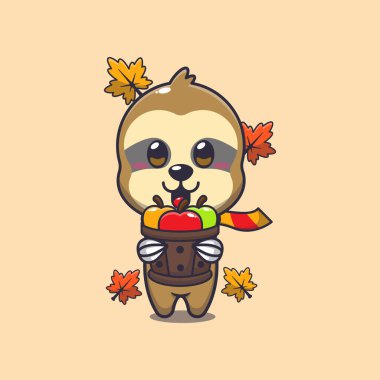Cute sloth holding a apple in wood bucket. Mascot cartoon vector illustration suitable for poster, brochure, web, mascot, sticker, logo and icon. clipart