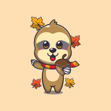 Cute sloth with acorns at autumn season. Mascot cartoon vector illustration suitable for poster, brochure, web, mascot, sticker, logo and icon. clipart