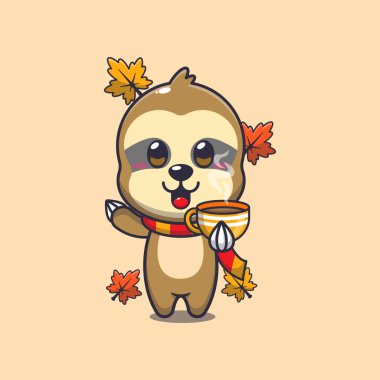 Cute sloth with coffee in autumn season. Mascot cartoon vector illustration suitable for poster, brochure, web, mascot, sticker, logo and icon. clipart