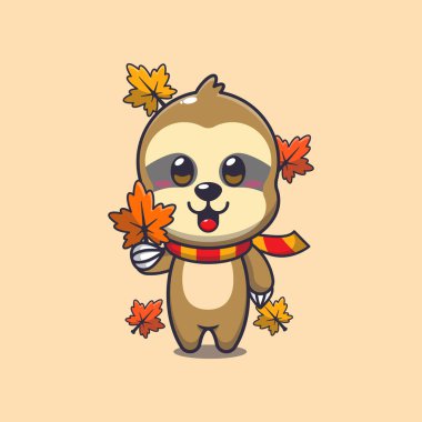 Cute sloth holding autumn leaf. Mascot cartoon vector illustration suitable for poster, brochure, web, mascot, sticker, logo and icon. clipart