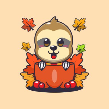 Cute sloth in a pumpkin at autumn season. Mascot cartoon vector illustration suitable for poster, brochure, web, mascot, sticker, logo and icon. clipart