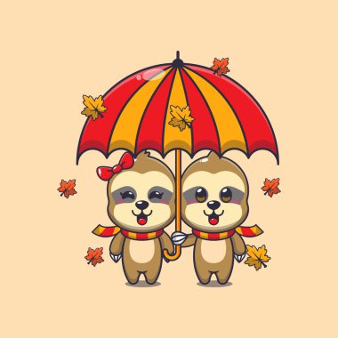 Cute couple sloth with umbrella at autumn season. Mascot cartoon vector illustration suitable for poster, brochure, web, mascot, sticker, logo and icon. clipart