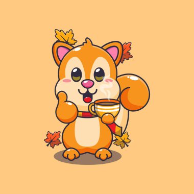 Sonbahar mevsiminde kahve içen şirin bir sincap. Maskot karikatür çizimi poster, broşür, ağ, maskot, etiket, logo ve simge için uygundur.