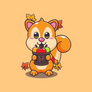 Tahta kovada elma tutan şirin bir sincap. Maskot karikatür çizimi poster, broşür, ağ, maskot, etiket, logo ve simge için uygundur.