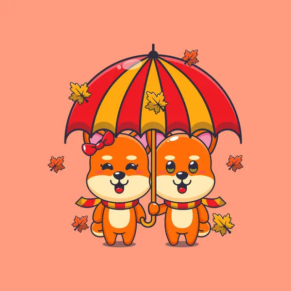 Söta Par Shiba Inu Med Paraply Höstsäsongen Maskoten Tecknad Vektor Royaltyfria illustrationer