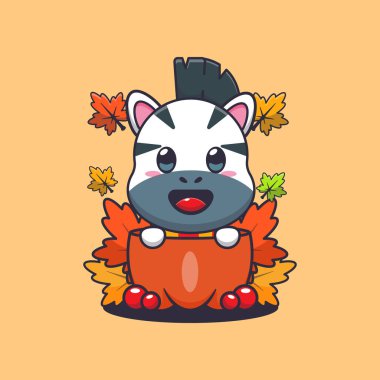 Sonbahar mevsiminde balkabağında tatlı zebra. Maskot karikatür çizimi poster, broşür, ağ, maskot, etiket, logo ve simge için uygundur.