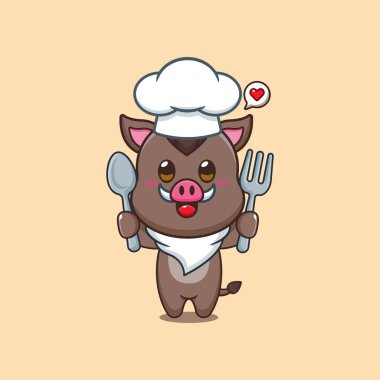 Tatlı aşçı yaban domuzu kaşığı ve çatal vektör çizimi tutuyor.