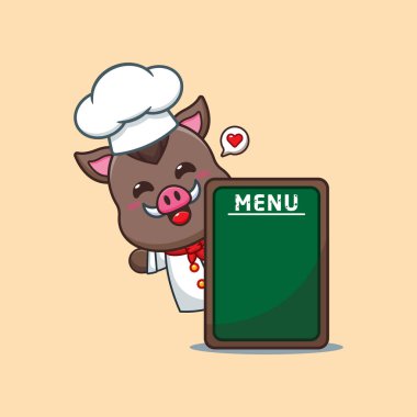 Menü tahtasında vektör çizimi olan sevimli şef yaban domuzu..