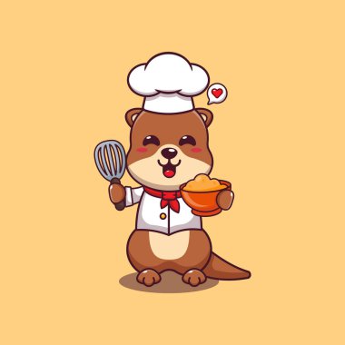 Tatlı şef su samuru pasta hamuru çizgi film çizimi yapıyor.