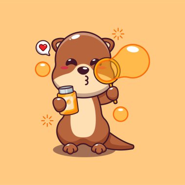 Baloncuk çıkaran sevimli su samuru karikatür vektör çizimi.