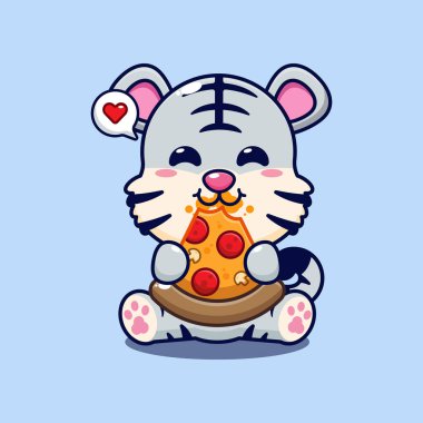 Tatlı beyaz kaplan pizza yiyor vektör çizimi