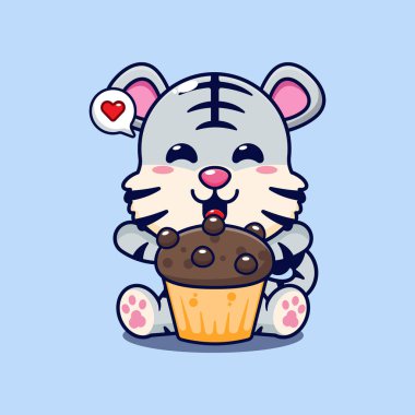 Tatlı beyaz kaplan ve kupa kek vektör çizimi.