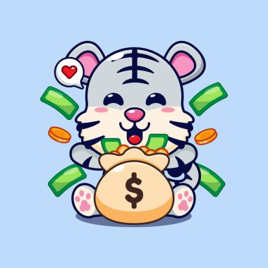 Para çantası karikatür çizimi olan sevimli beyaz kaplan.