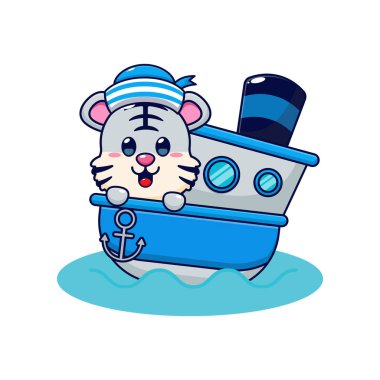 Gemideki şirin beyaz kaplan maskotu çizgi film karakteri