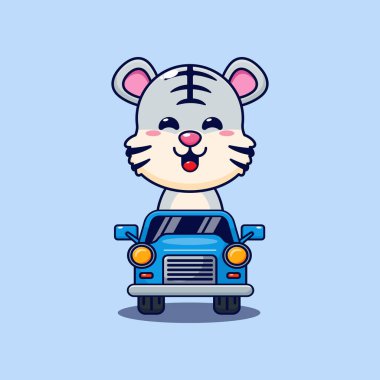 Tatlı beyaz kaplan maskotu. Arabadaki çizgi film karakteri.