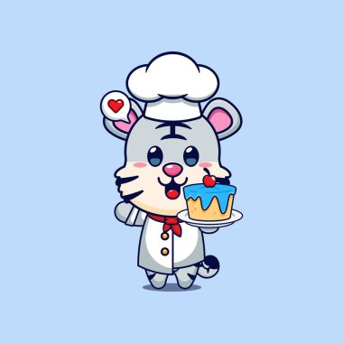 Tatlı şef beyaz kaplan ve pasta çizgi filmi çizimi