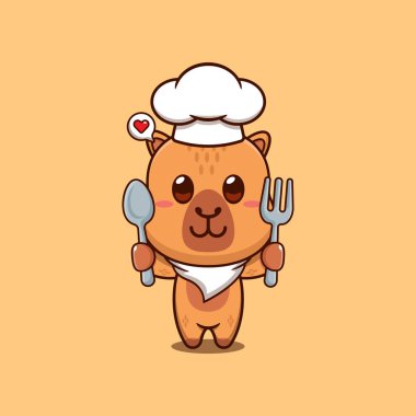 Sevimli şef capybara kaşık ve çatal vektör çizimi tutuyor.
