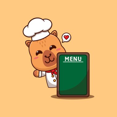 Menü panosundaki vektör çizimi ile sevimli şef capybara.