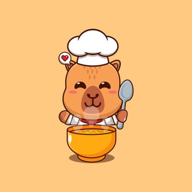 Tatlı şef capybara ve çorba çizgi filmi çizimi.