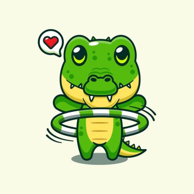 Hula hoop oynayan timsah vektör çizimi.