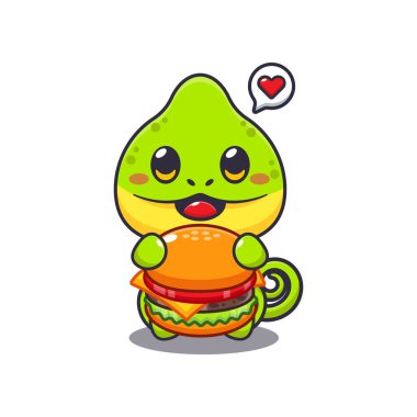 Bukalemun hamburger yiyor vektör çizimi