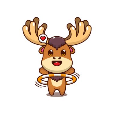 Moose hula hoop oynuyor. Maskot çizgi film karakter vektör çizimi.