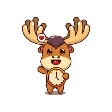 Saati olan geyik. Maskot çizgi film karakter vektör çizimi.