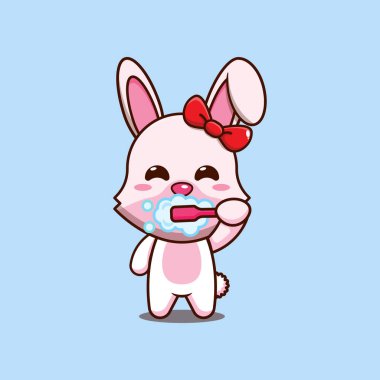 Diş fırçalayan sevimli tavşan çizgi film vektör çizimi.