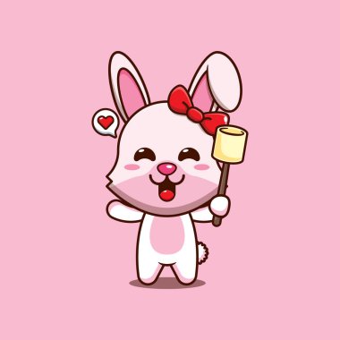 Şekerleme yiyen sevimli tavşan. Çizgi film çizimi..