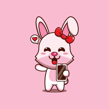 Cep telefonu çizgi film çizimi olan sevimli tavşan..